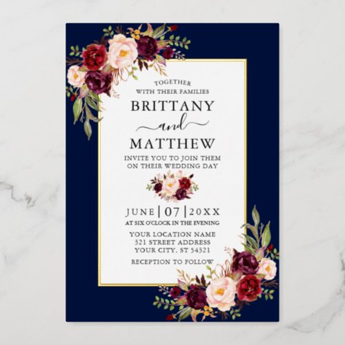 Watercolor Burgundy Floral Wedding Blue Gold Foil Invitation