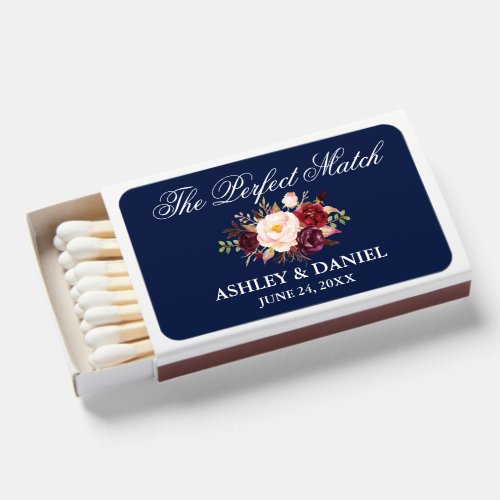 Watercolor Burgundy Floral Wedding Blue Perfect Matchboxes