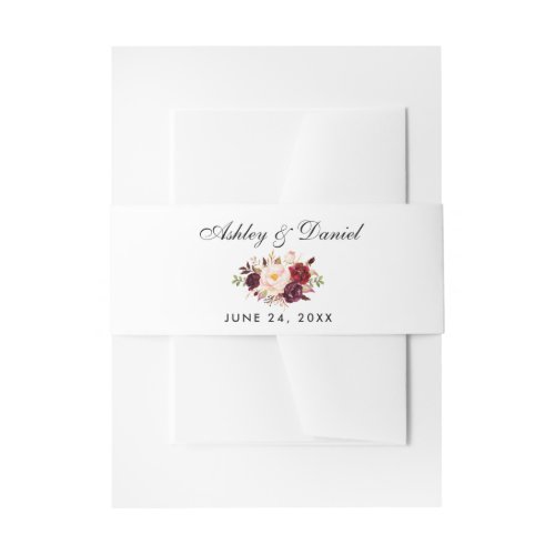 Watercolor Burgundy Floral Wedding BW Invitation Belly Band