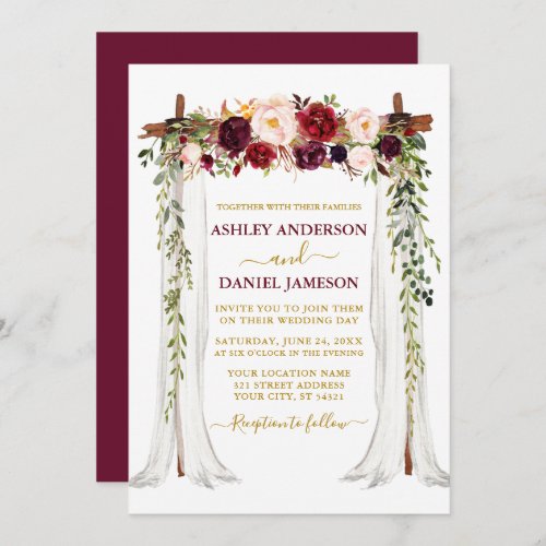 Watercolor Burgundy Floral Wedding Canopy Gold Invitation
