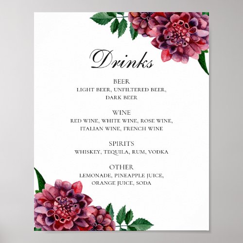 Watercolor burgundy floral wedding drinks bar menu poster