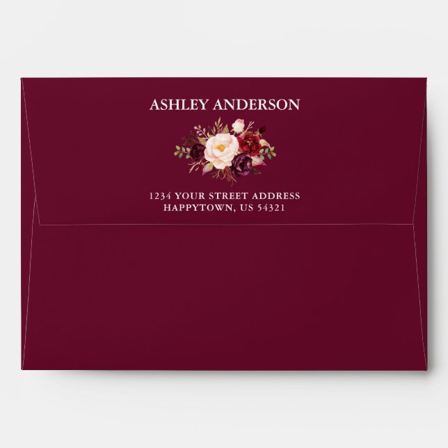 Watercolor Burgundy Floral Wedding Envelope (Back (Top Flap))