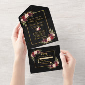 Watercolor Burgundy Floral Wedding Gold and Black All In One Invitation (Tearaway)
