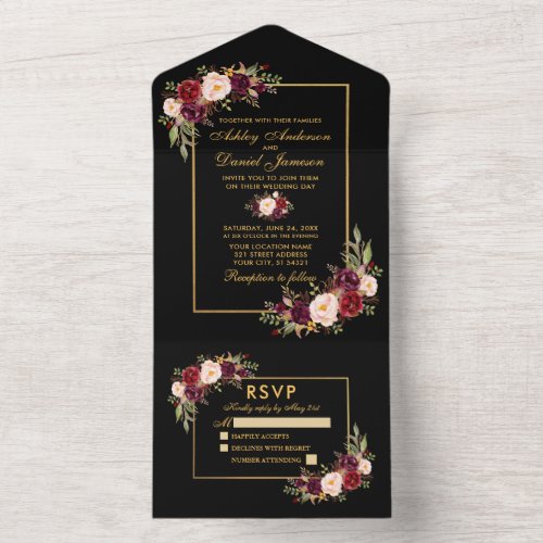 Watercolor Burgundy Floral Wedding Gold and Black All In One Invitation