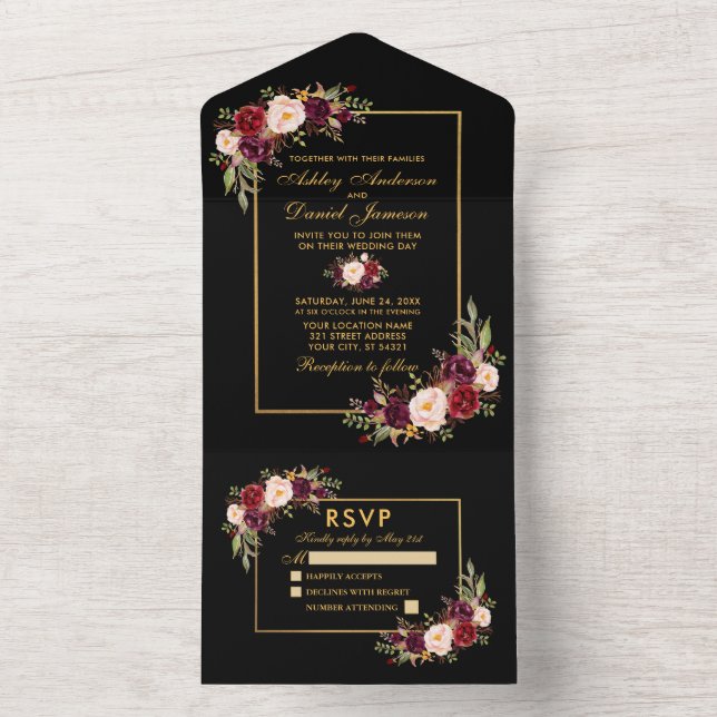 Watercolor Burgundy Floral Wedding Gold and Black All In One Invitation (Inside)