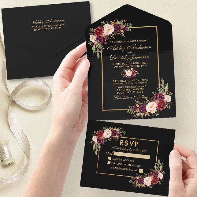 Watercolor Burgundy Floral Wedding Gold and Black All In One Invitation (Customize to change text size, color or text style.)