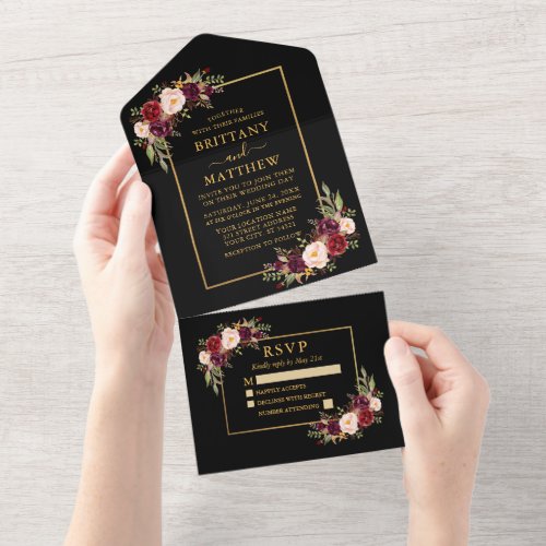Watercolor Burgundy Floral Wedding Gold Black All In One Invitation