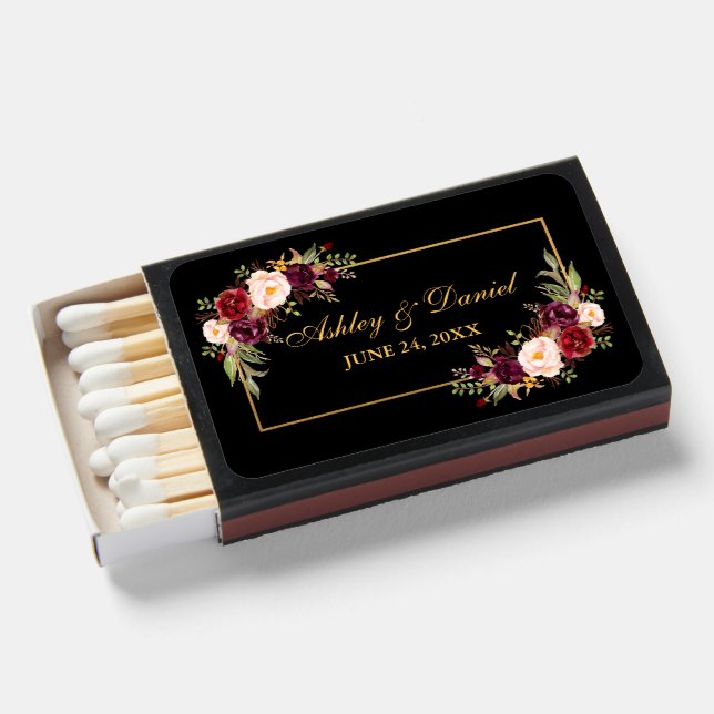 Watercolor Burgundy Floral Wedding Gold Black Matchboxes (Front Open)