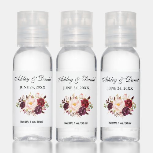 Watercolor Burgundy Floral Wedding Hand Sanitizer