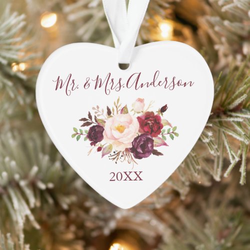 Watercolor Burgundy Floral Wedding Heart Ornament