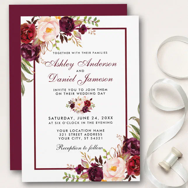 Watercolor Burgundy Floral Wedding Invitation | Zazzle