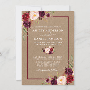 Watercolor Burgundy Floral Wedding Kraft Invitation