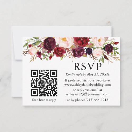 Watercolor Burgundy Floral Wedding QR RSVP Card