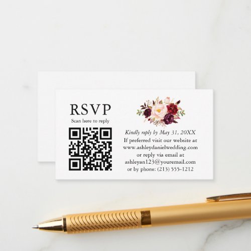 Watercolor Burgundy Floral Wedding QR RSVP Enclosure Card