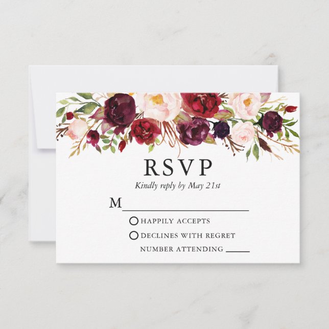 Watercolor Burgundy Floral Wedding RSVP Card (Front)