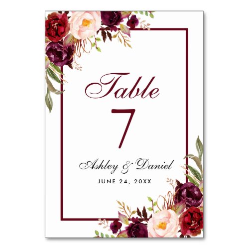 Watercolor Burgundy Floral Wedding Table Number