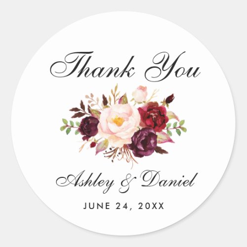 Watercolor Burgundy Floral Wedding Thank You Classic Round Sticker