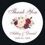 Watercolor Burgundy Floral Wedding Thank You Classic Round Sticker<br><div class="desc">Burgundy Marsala Floral Watercolor Wedding Thank You Stickers</div>