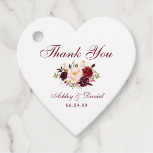 Watercolor Burgundy Floral Wedding Thank You Heart Favor Tags