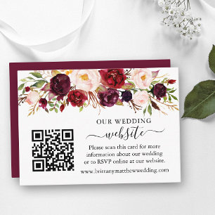 Watercolor Burgundy Floral Wedding Website QR Enclosure Card