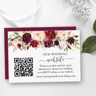 Watercolor Burgundy Floral Wedding Website QR Enclosure Card