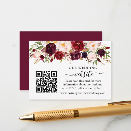 Watercolor Burgundy Floral Wedding Website QR Enclosure Card
