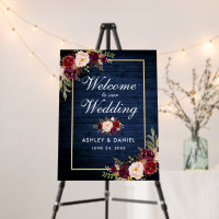 Watercolor Burgundy Floral Welcome Wood Print
