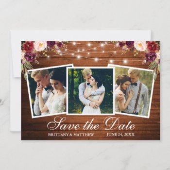 Watercolor Burgundy Floral Wood 3 Photo Save The Date by SugarandSpicePaperCo at Zazzle