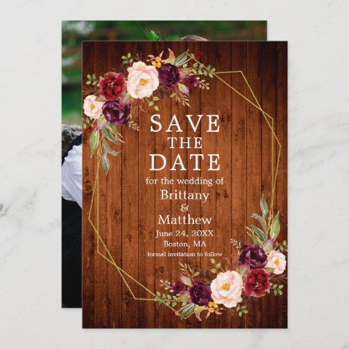 Watercolor Burgundy Floral Wood Geo Frame Photo Save The Date