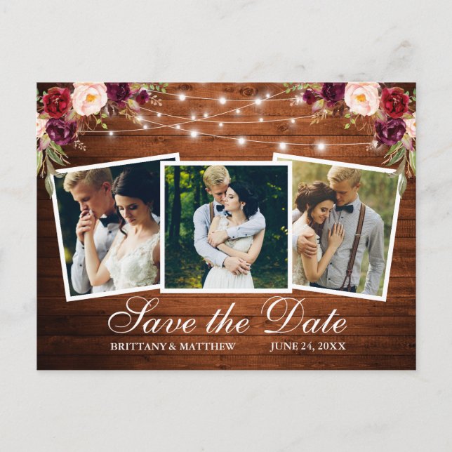 Watercolor Burgundy Floral Wood Lights 3 Photo Postcard (Front)