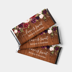 Watercolor Burgundy Floral Wood Love is Sweet Hershey Bar Favors