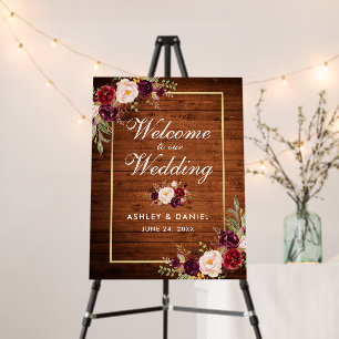 Watercolor Burgundy Floral Wood Print Welcome Foam Board