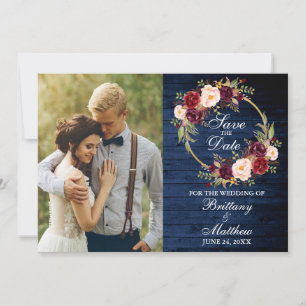 Watercolor Burgundy Floral Wreath Blue Wood Save The Date