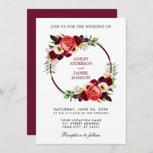 Watercolor Burgundy Floral Wreath Boho Wedding Invitation