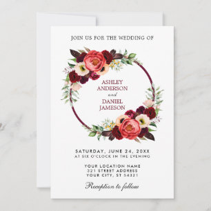 Watercolor Burgundy Floral Wreath Boho Wedding Invitation