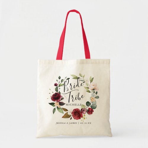 Watercolor Burgundy Floral Wreath Bride Tribe Name Tote Bag