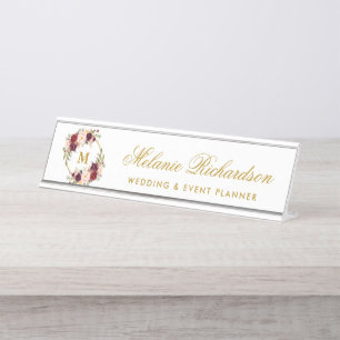 Watercolor Burgundy Floral Wreath Gold Monogram Desk Name Plate