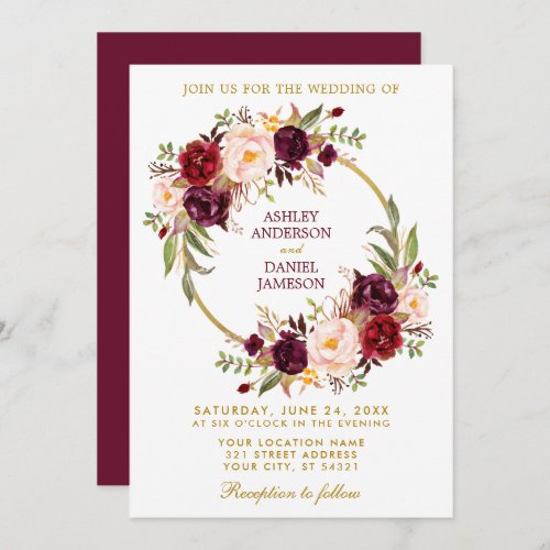 Watercolor Burgundy Floral Wreath Gold Wedding B Invitation