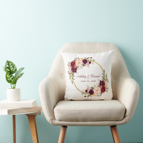 Watercolor Burgundy Floral Wreath Gold Wedding Throw Pillow