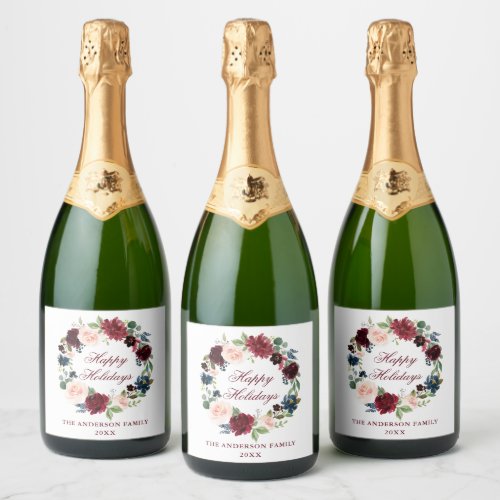 Watercolor Burgundy Floral Wreath Holiday Party Sparkling Wine Label