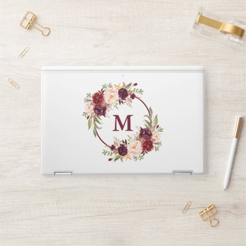 Watercolor Burgundy Floral Wreath Monogram HP Laptop Skin