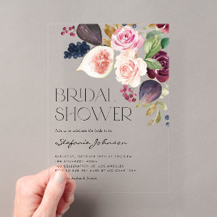 Watercolor Burgundy Flower and Fig Bridal Shower Acrylic Invitations