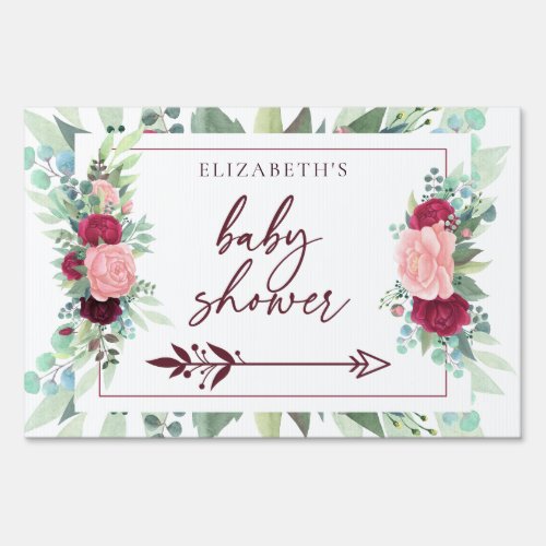Watercolor Burgundy Flower directional Baby Shower Sign