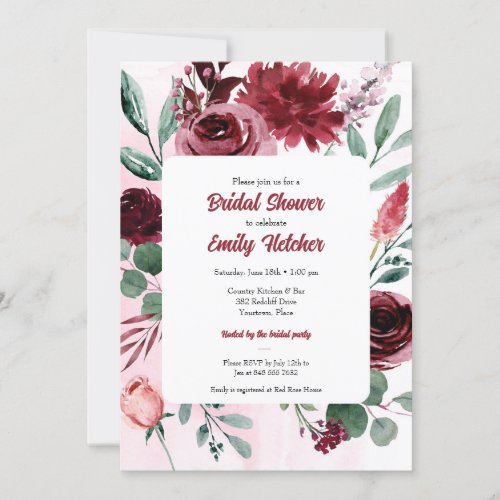 Watercolor Burgundy Flower Panel Bridal Shower Invitation