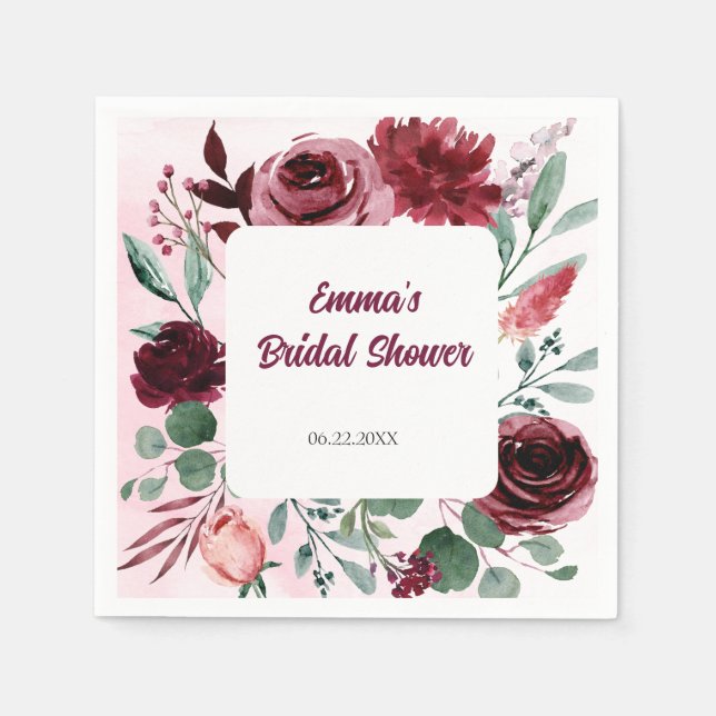 Watercolor Burgundy Flower Panel Bridal Shower Napkins (Front)