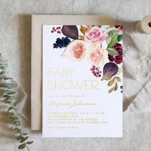 Watercolor Burgundy Flowers and Figs Baby Shower Foil Invitation