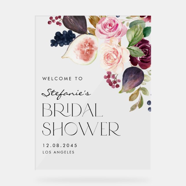 Watercolor Burgundy Flowers and Figs Bridal Shower Acrylic Sign (Front)