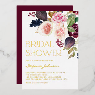 Watercolor Burgundy Flowers and Figs Bridal Shower Foil Invitation
