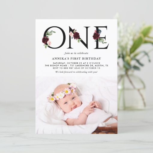 Watercolor Burgundy Flowers First Birthday Photo Invitation | Zazzle