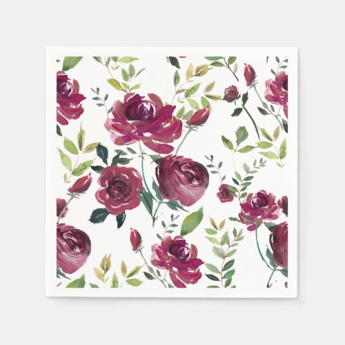 Watercolor Burgundy Flowers  Floral Pattern Paper Napkins